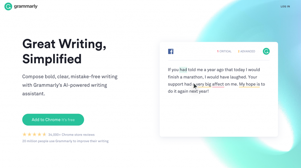 Grammarly utilise des dégradés créés en utilisant les couleurs de leur marque.